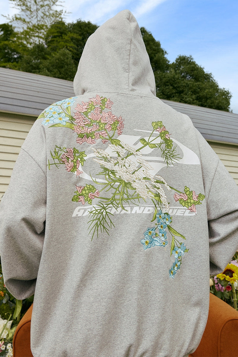 Floral Embroidery Logo Zip Up Hoodie