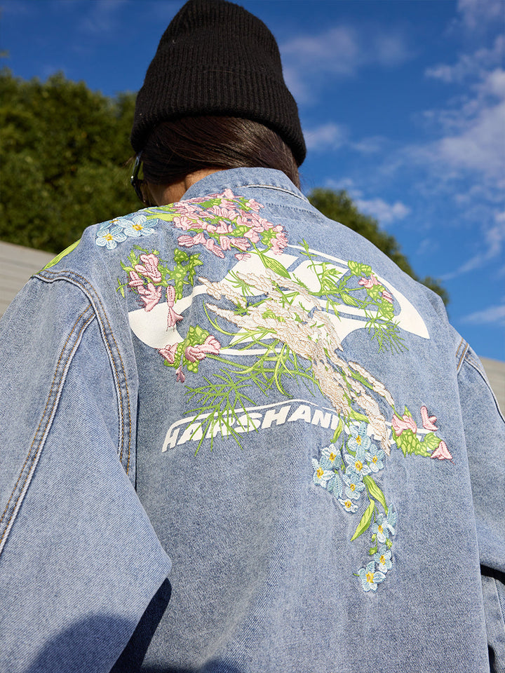 Floral Embroidered Washed Denim Jacket