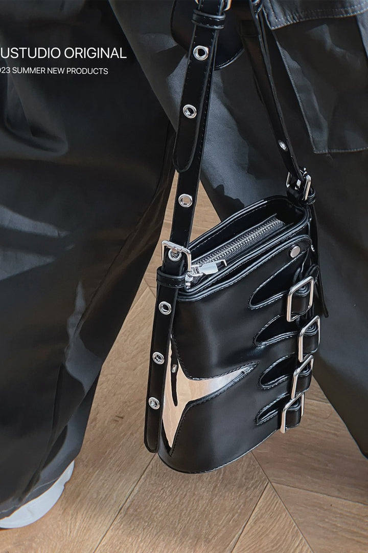 Chromed Logo Leather Shoulder Bag