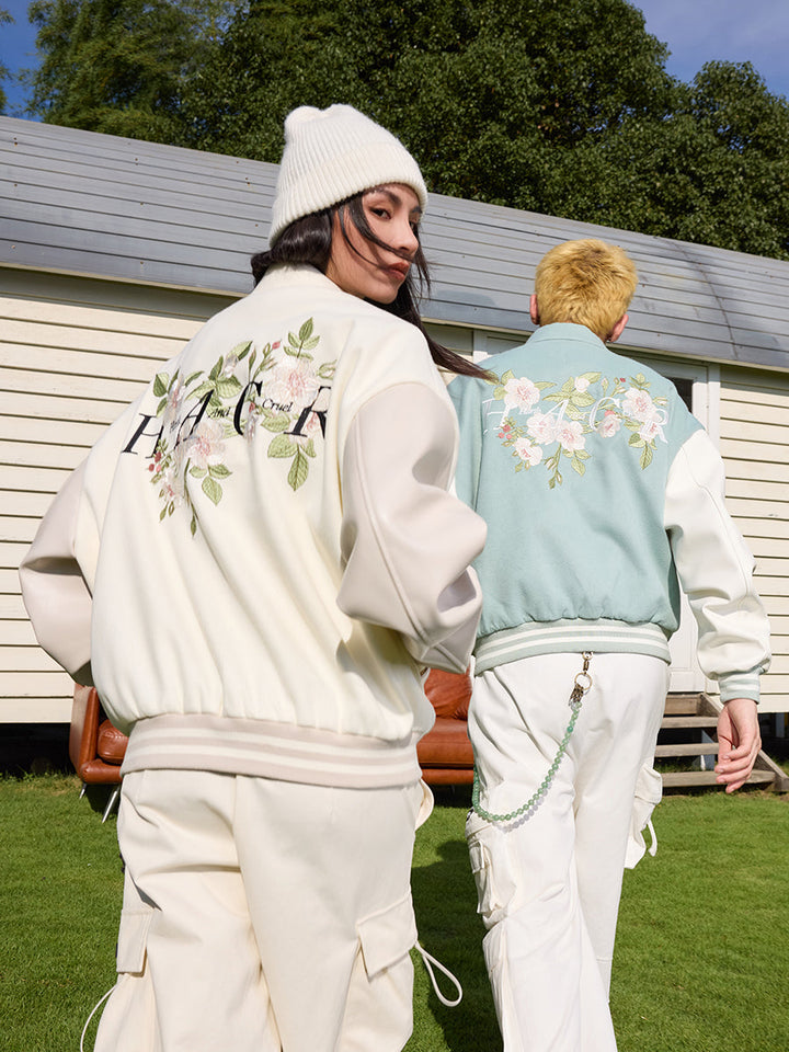 Floral Embroidered Script Baseball Jacket