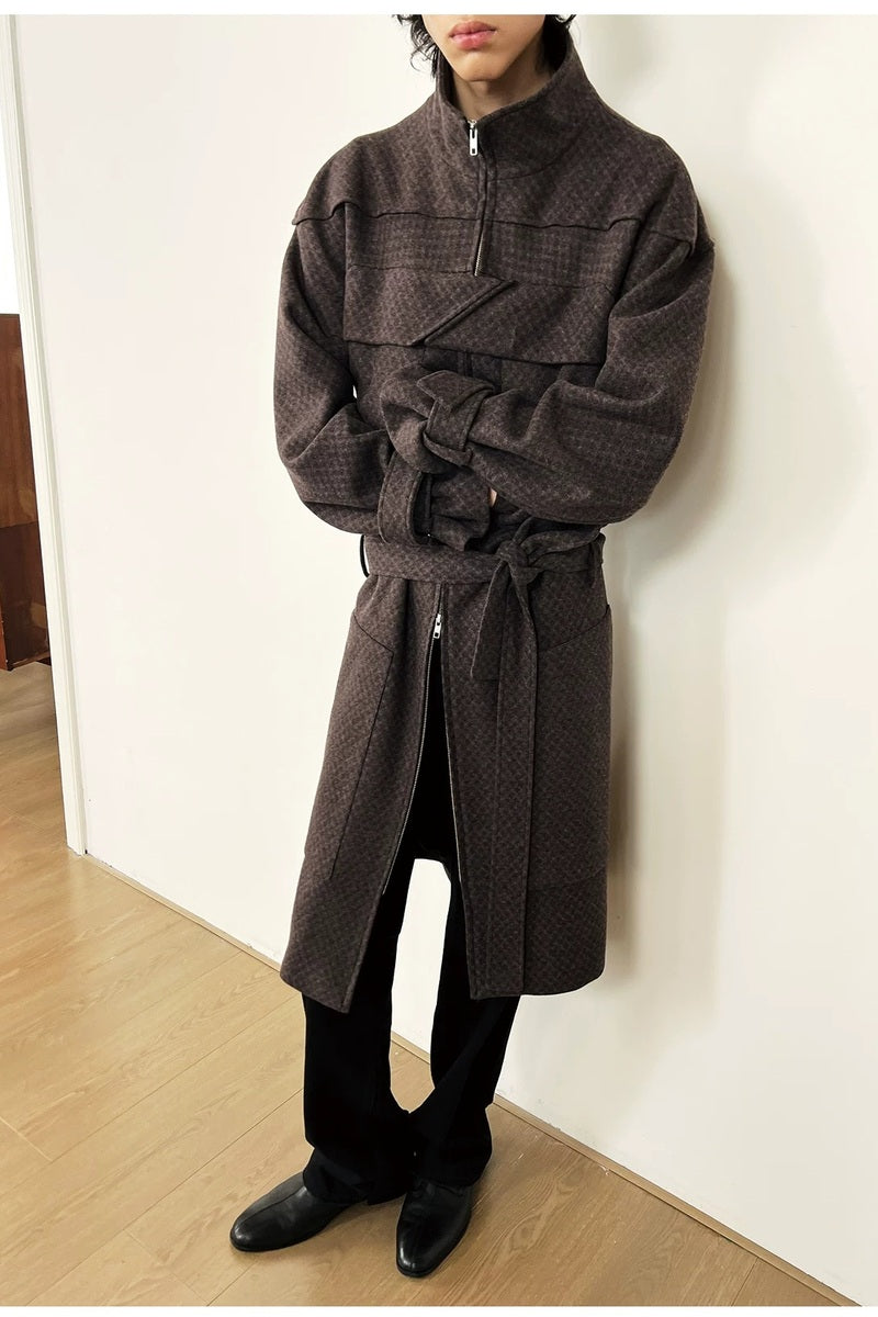 Belted Check Magnetic Closure Coat — original product photograph