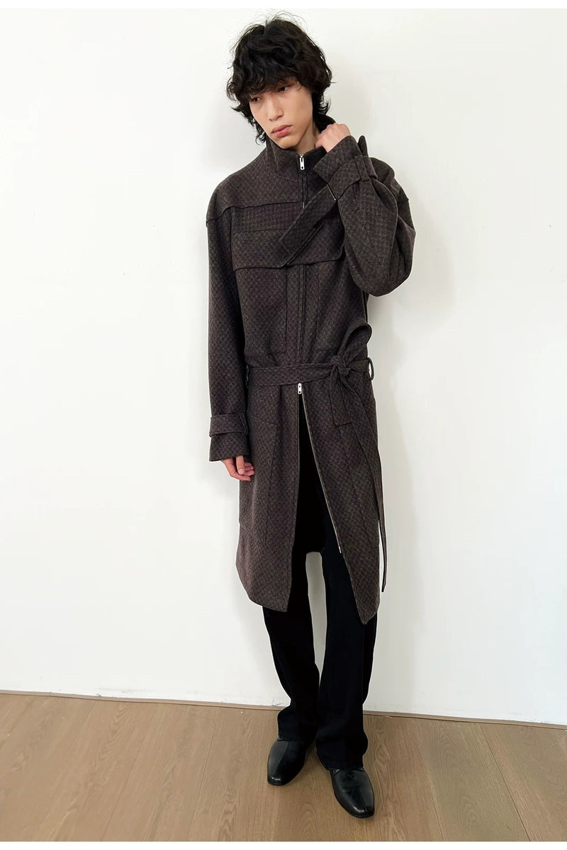 Belted Check Magnetic Closure Coat — original product photograph
