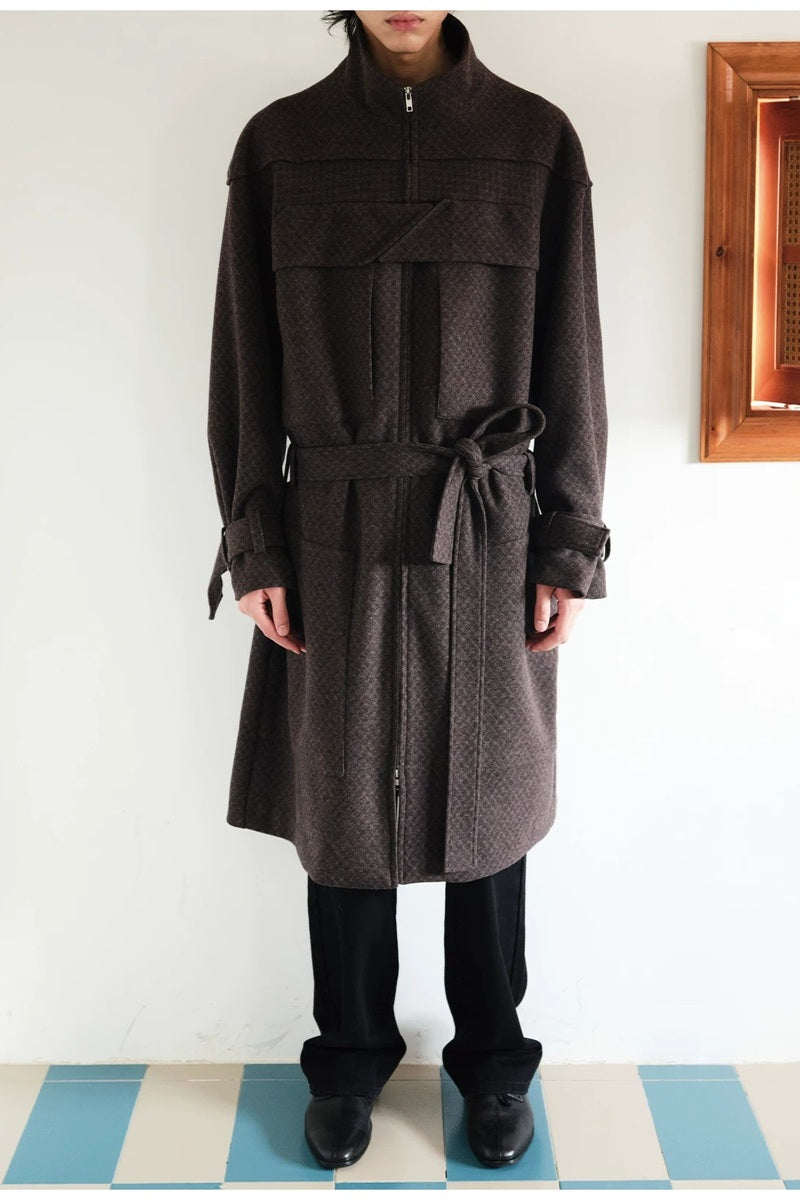 Belted Check Magnetic Closure Coat — original product photograph