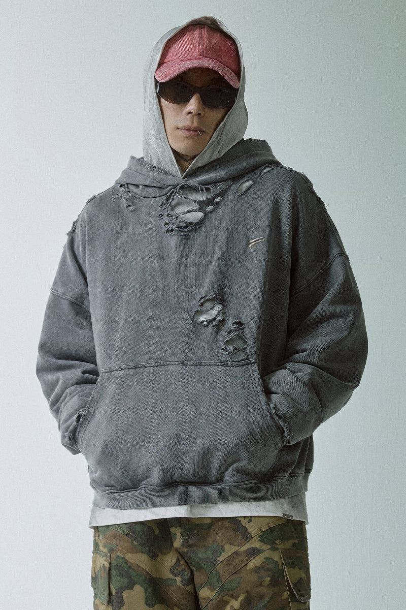 Distressed Solid Color Logo Hoodie