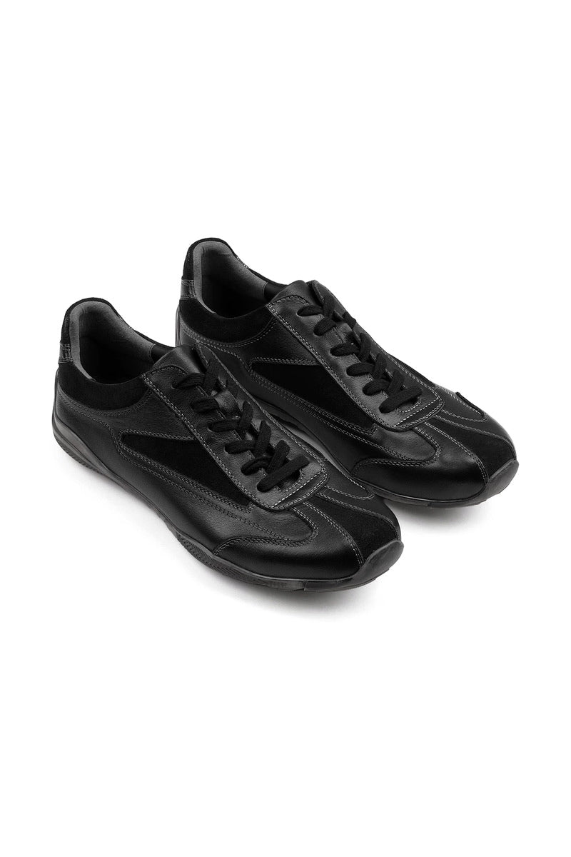 Layered Cowhide Panel Sneakers - Black - three-quarter pair view