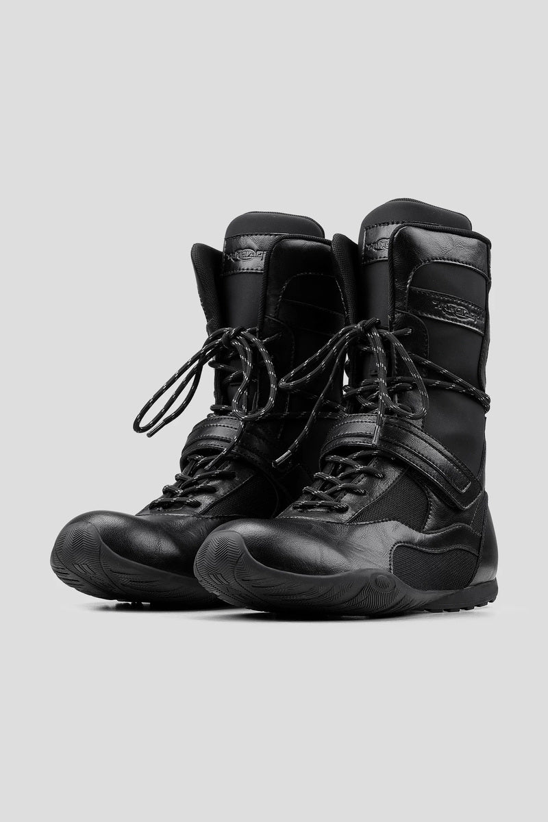 Leather Lace Up Boxing Boots - Black - view 2