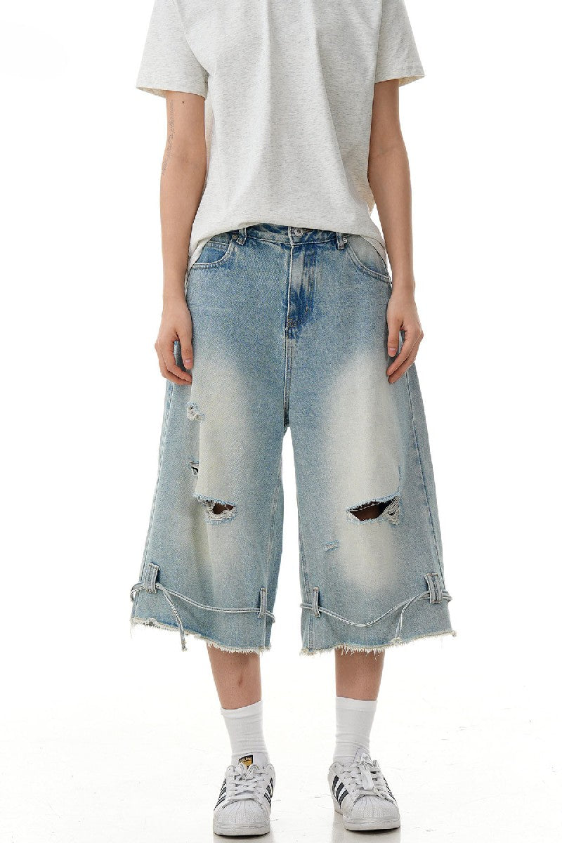 Ripped Drawstring Denim Shorts