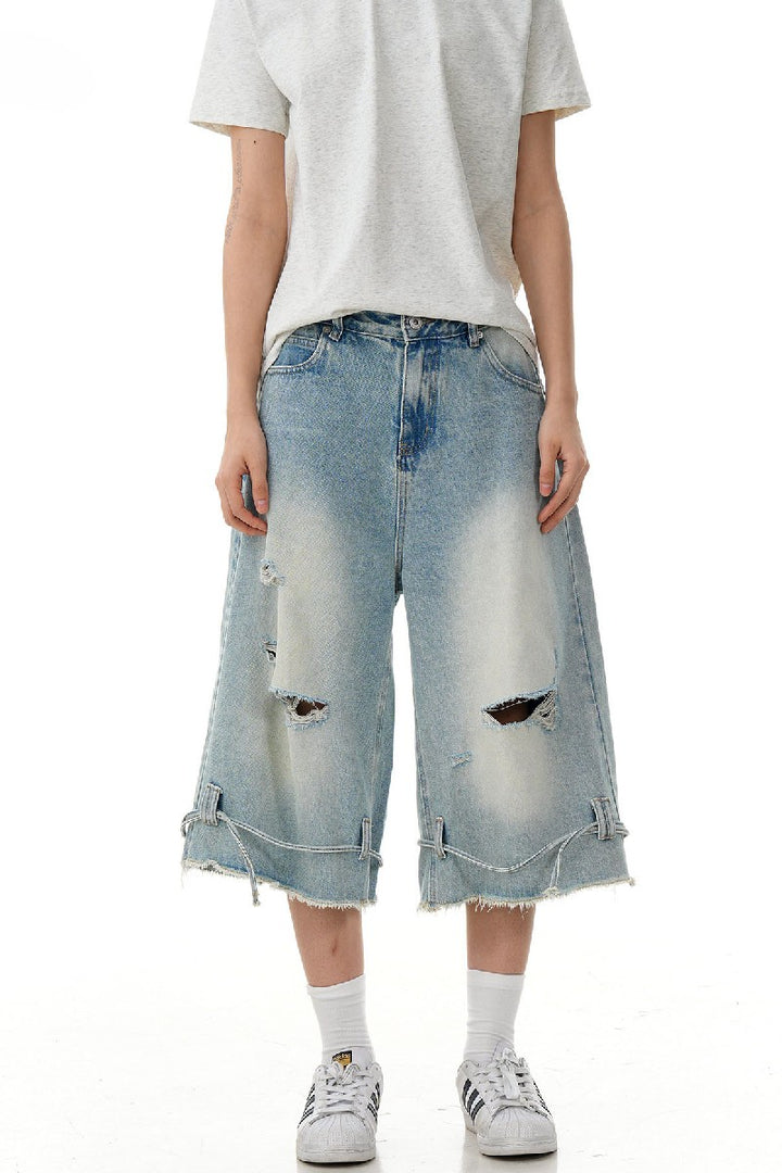 Ripped Drawstring Denim Shorts