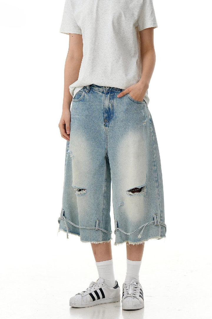 Ripped Drawstring Denim Shorts