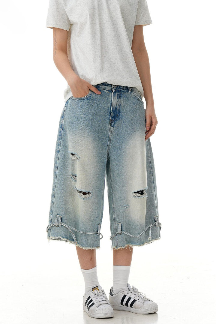 Ripped Drawstring Denim Shorts