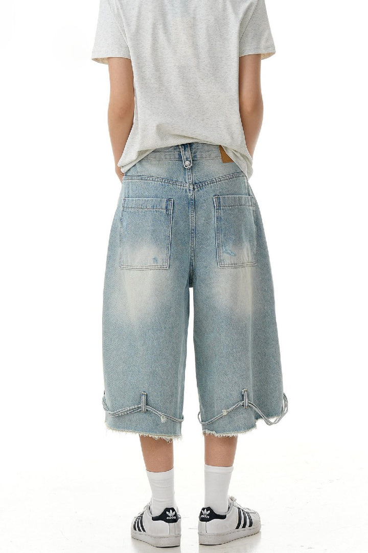 Ripped Drawstring Denim Shorts