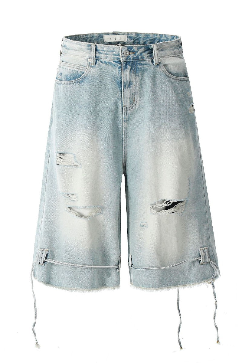 Ripped Drawstring Denim Shorts
