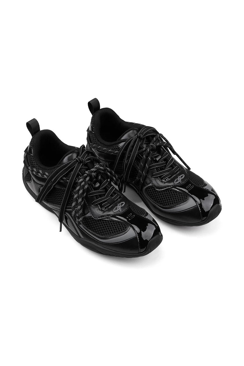 Mesh Panel Leather Sneakers - Black - three-quarter pair view