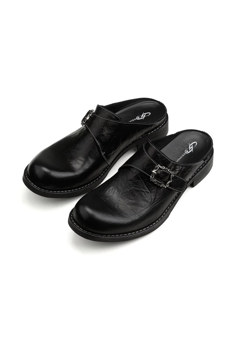 Monk Strap Cowhide Mules - Black - three-quarter pair view