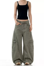 Panelled Curved Cargo Pants - Tea Green