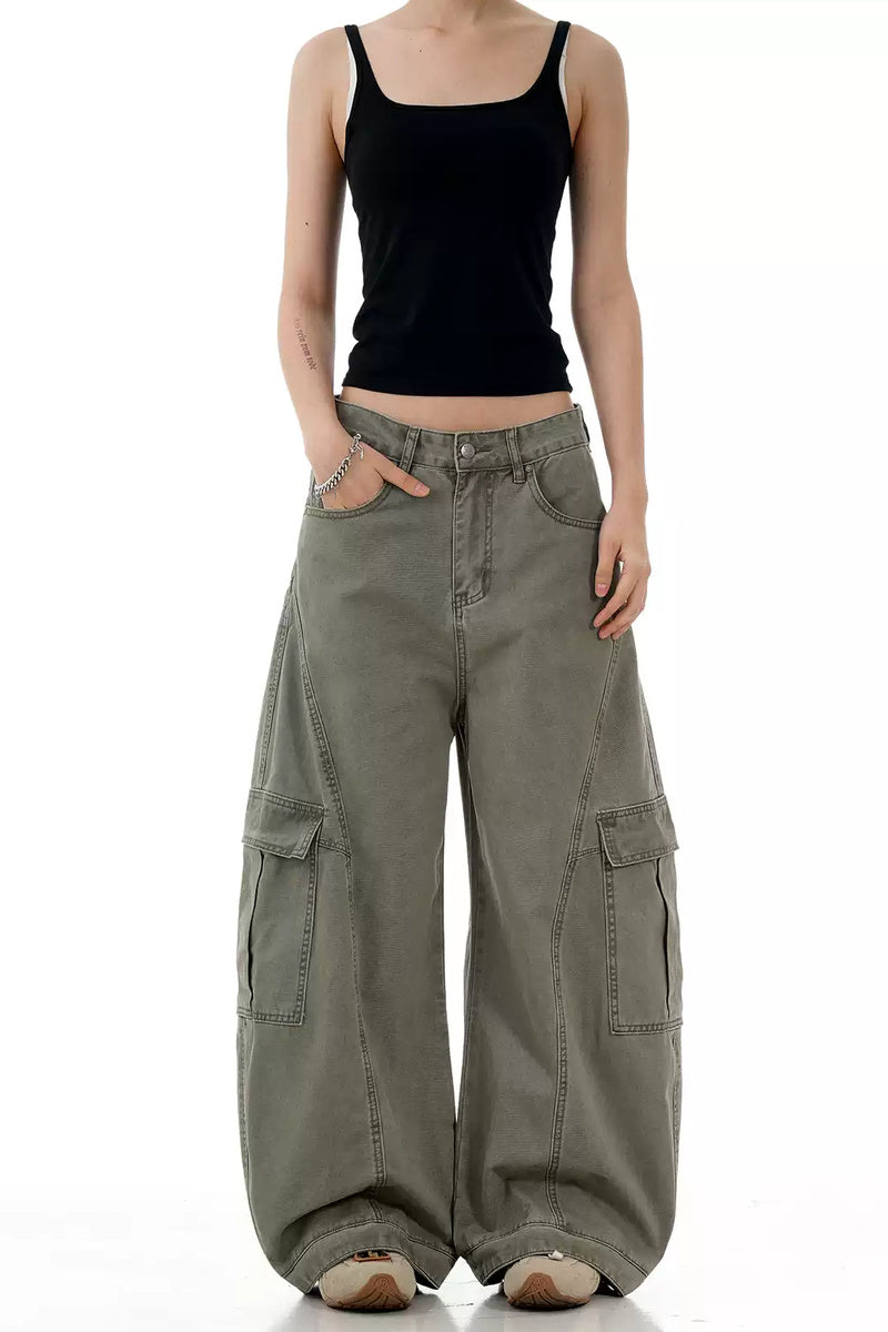 Panelled Curved Cargo Pants - Tea Green