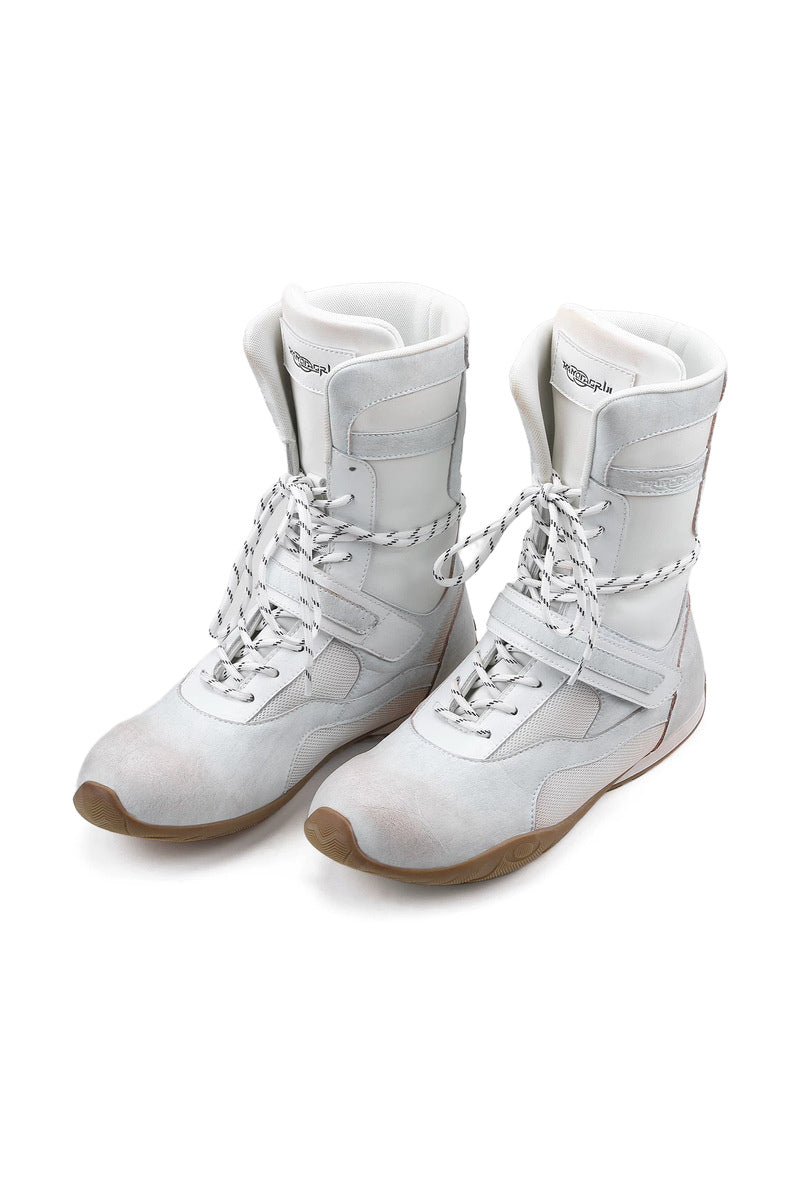 Panelled Leather Boxing Boots - White - three-quarter pair view