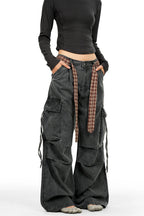 Plaid Belt Washed Cargo Pants - Black