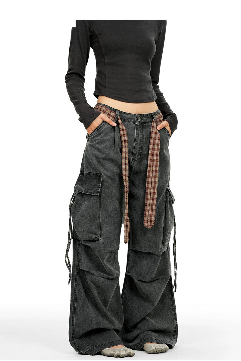 Plaid Belt Washed Cargo Pants