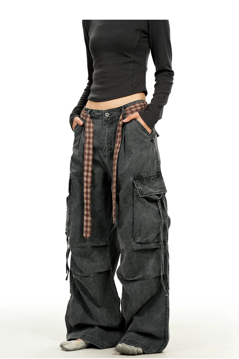Plaid Belt Washed Cargo Pants
