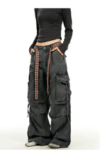 Plaid Belt Washed Cargo Pants