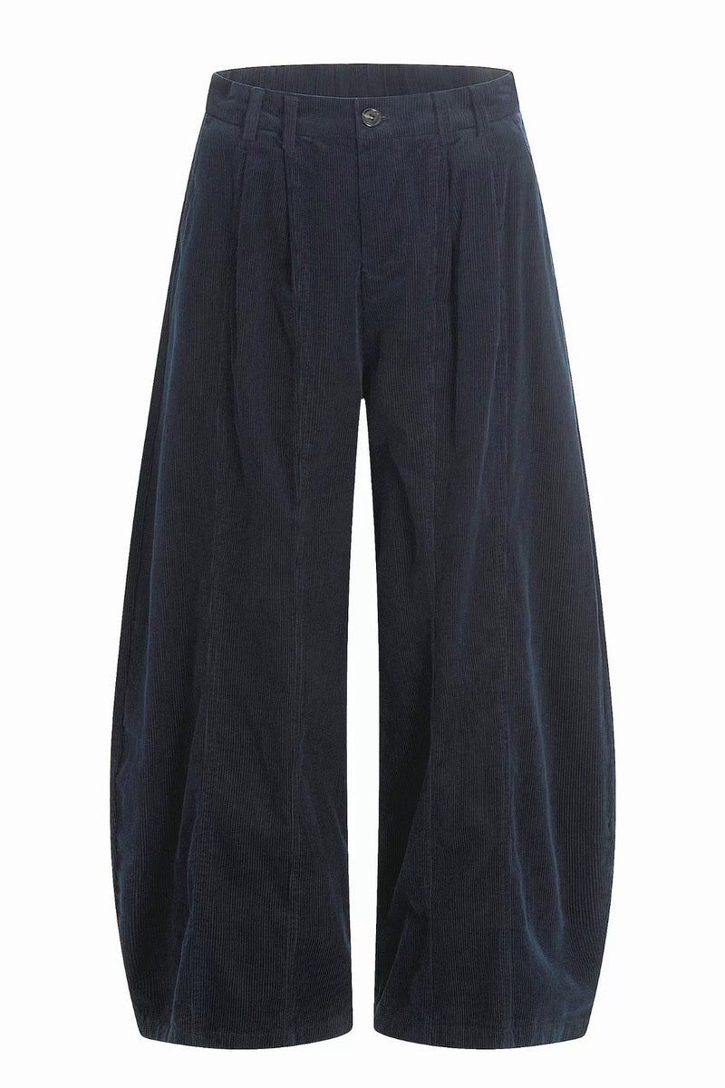Pleated Corduroy Barrel Pants – Navy – front product view