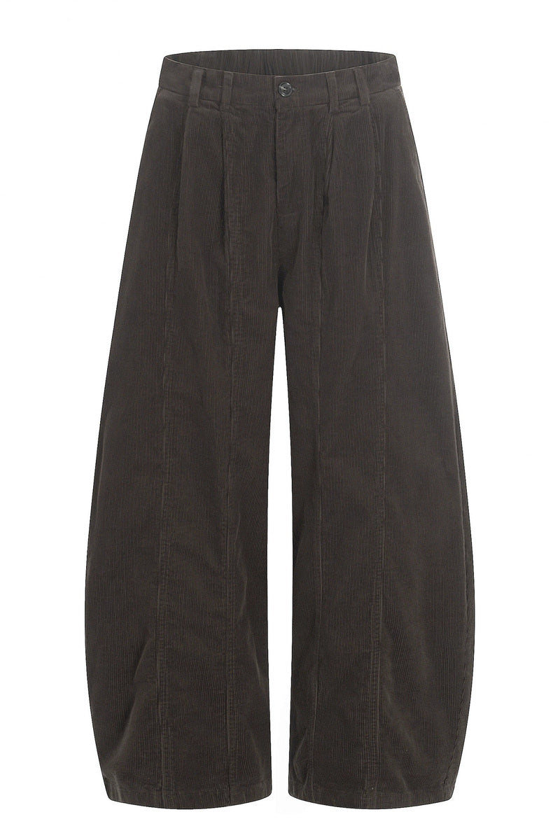 Pleated Corduroy Barrel Pants – Dark Brown – front product view