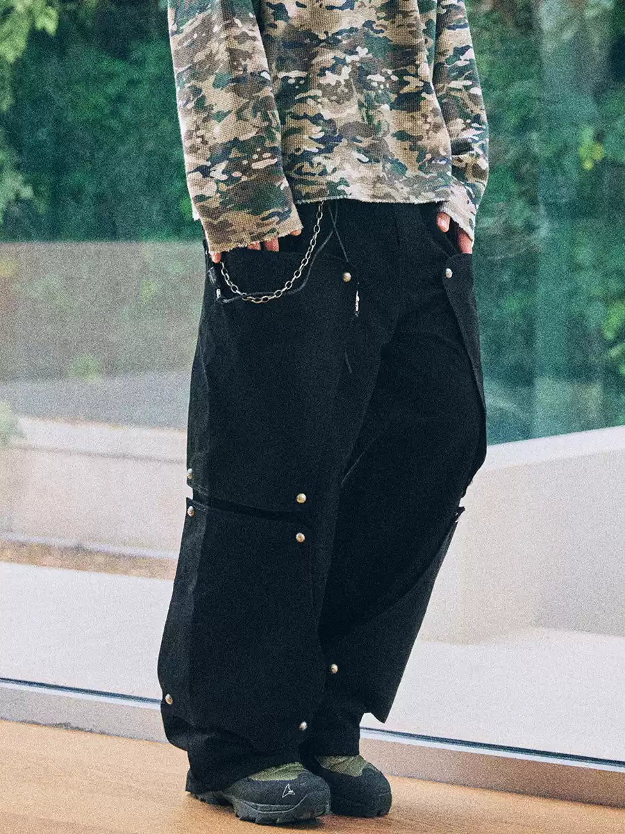 Riveted Panel Cargo Pants — Black, front model view