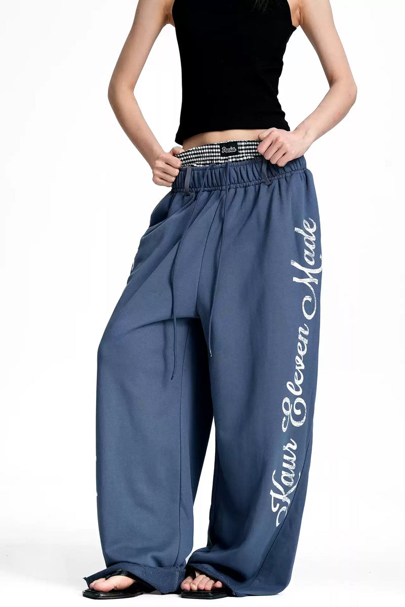 Script Print Wide Leg Sweatpants - Misty Blue