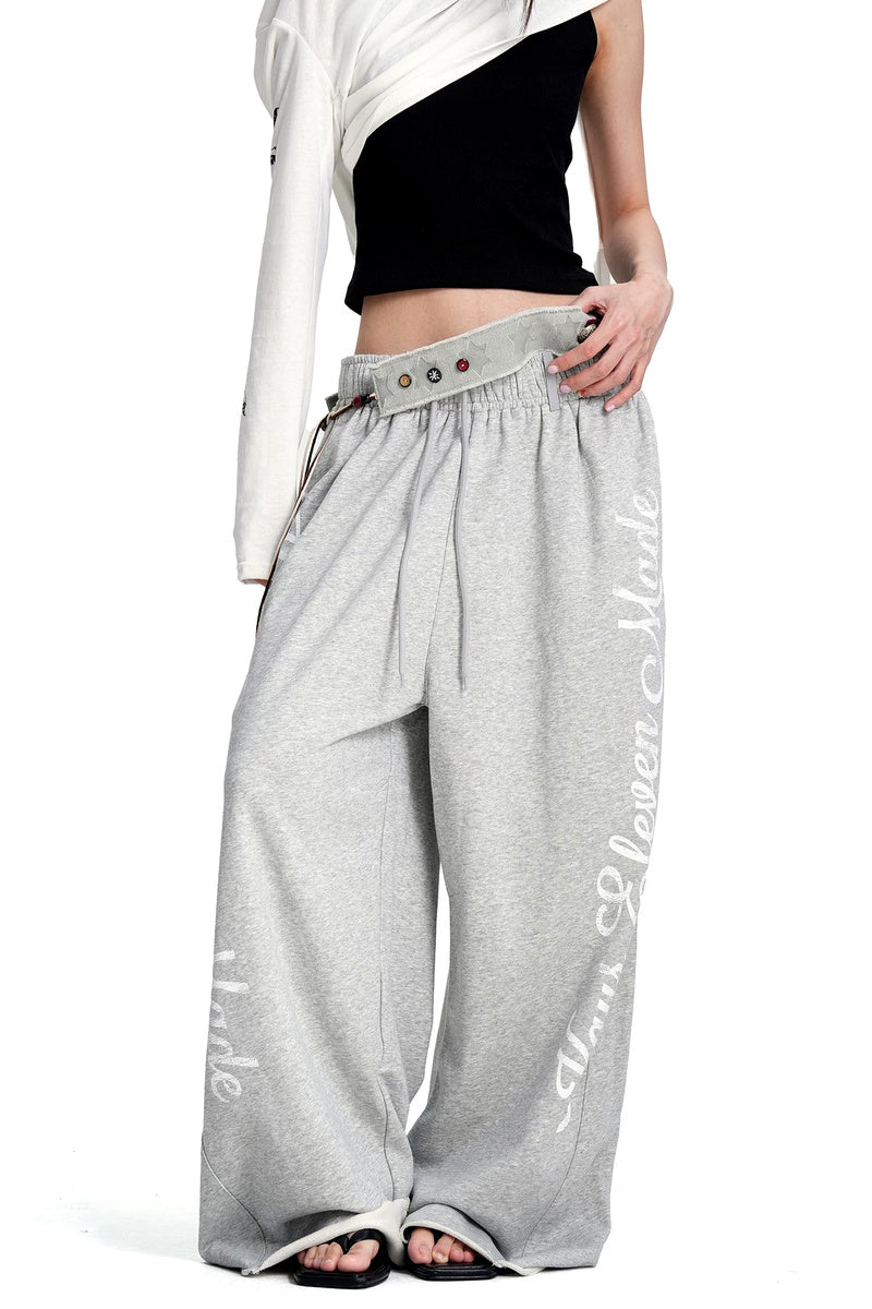 Script Print Wide Leg Sweatpants - Light Heather Gray