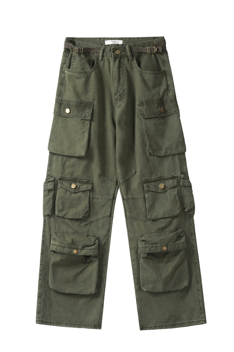 Stacked Multi Pocket Cargo Pants – Dark Green – front product view