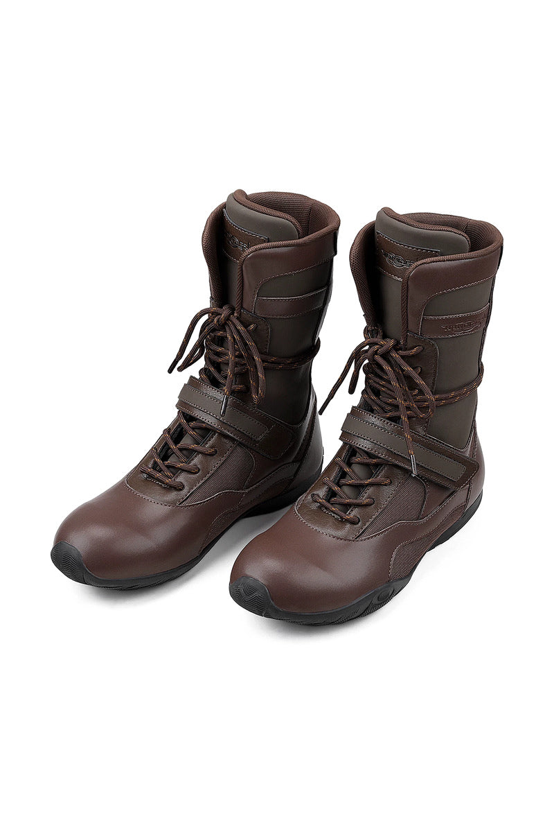 Strap Detail Leather Boxing Boots - Brown - three-quarter pair view