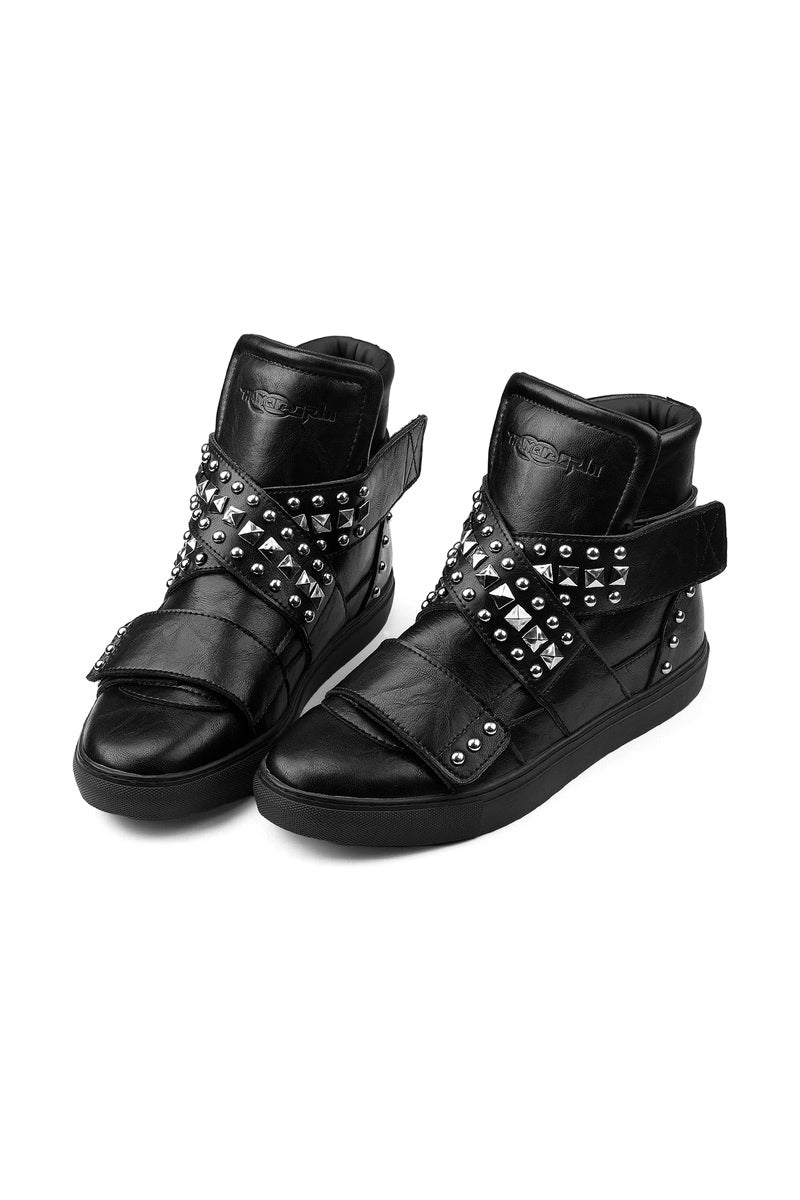 Studded High Top Leather Sneakers - Black - three-quarter pair view