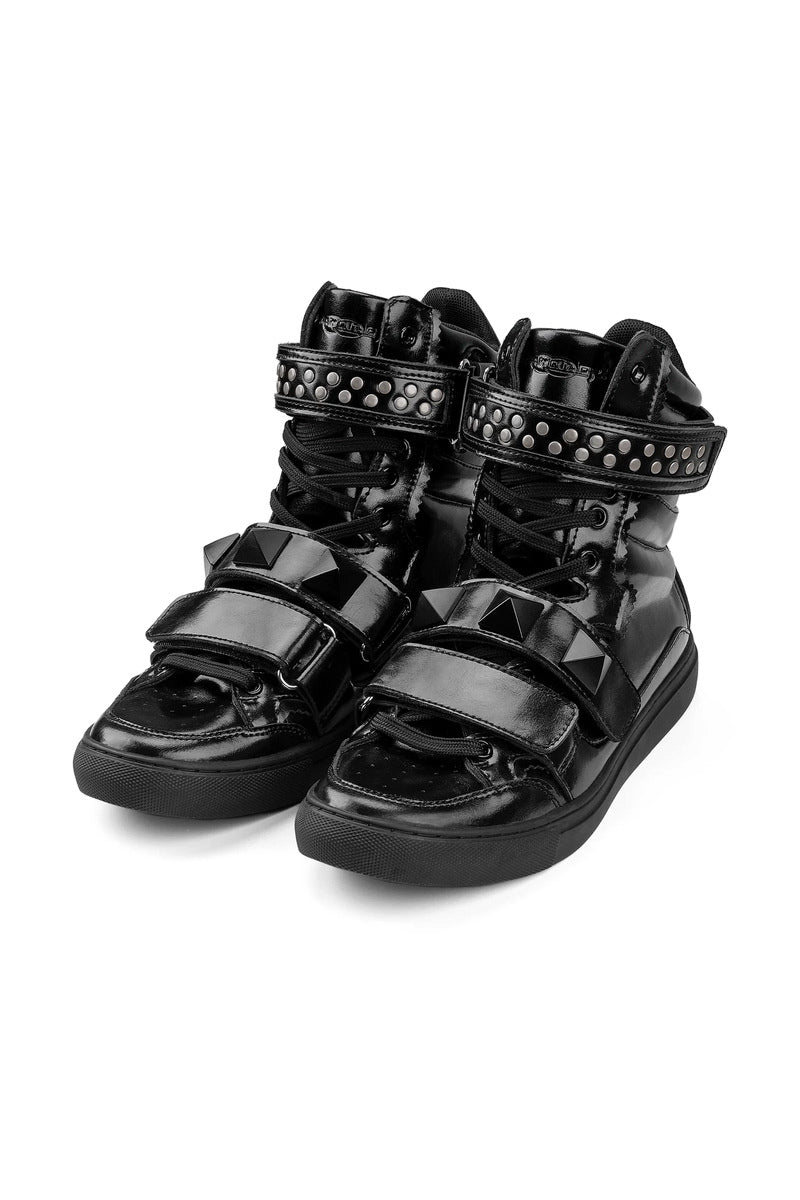 Studded Leather High Top Trainers - Black - three-quarter pair view