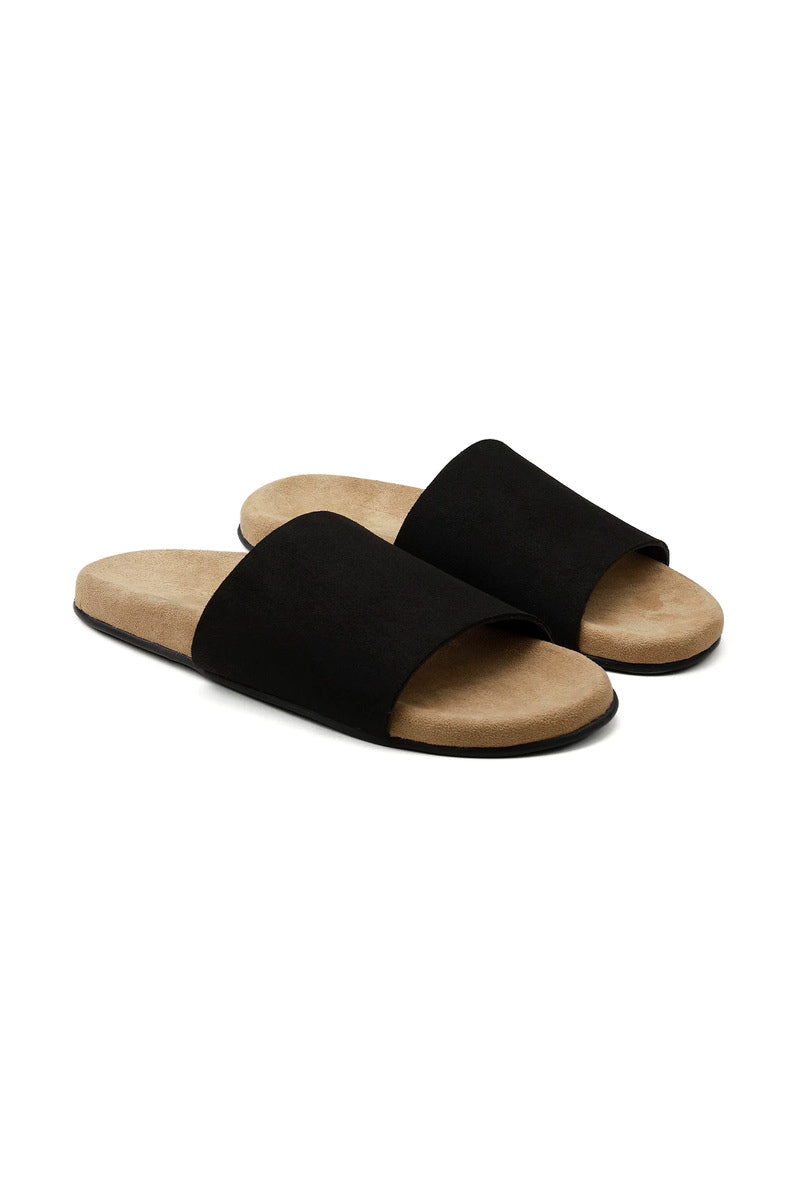 Suede Single Strap Slides - Black - three-quarter pair view