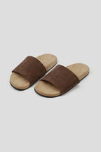 Suede Single Strap Slides - Dark Brown - three-quarter pair view