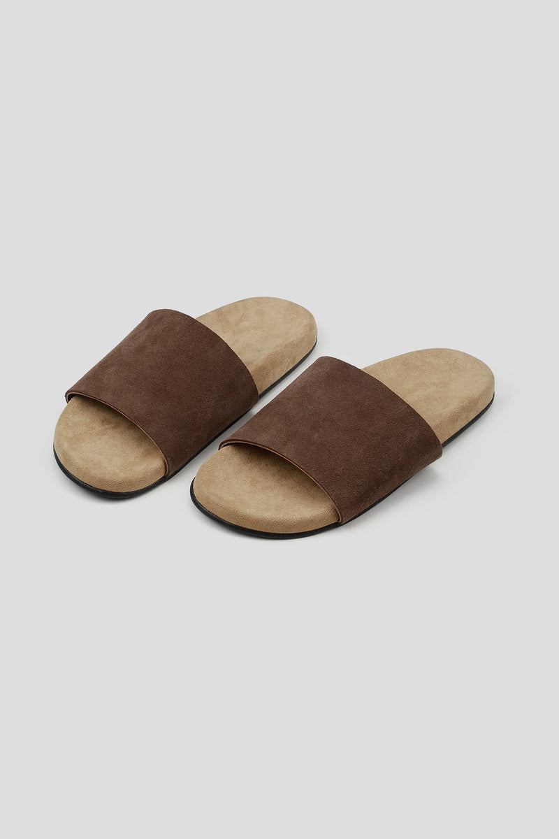 Suede Single Strap Slides - Dark Brown - three-quarter pair view