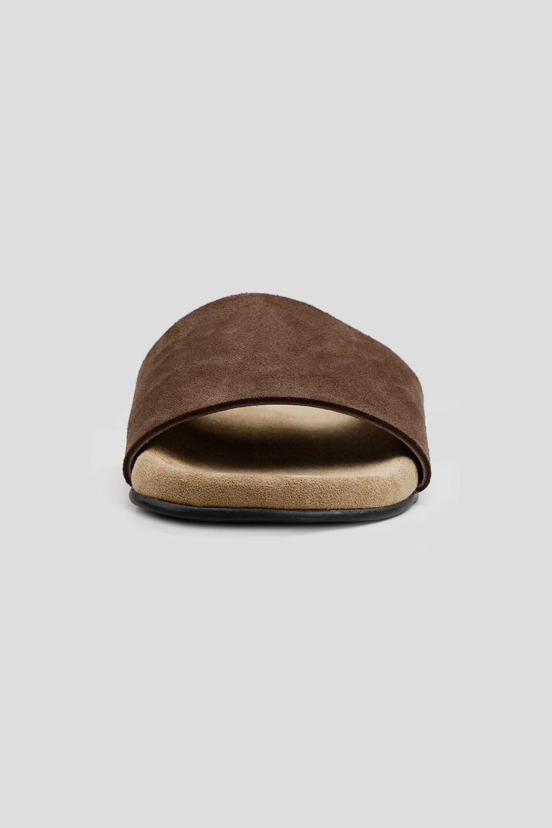 Suede Single Strap Slides - Dark Brown - front view