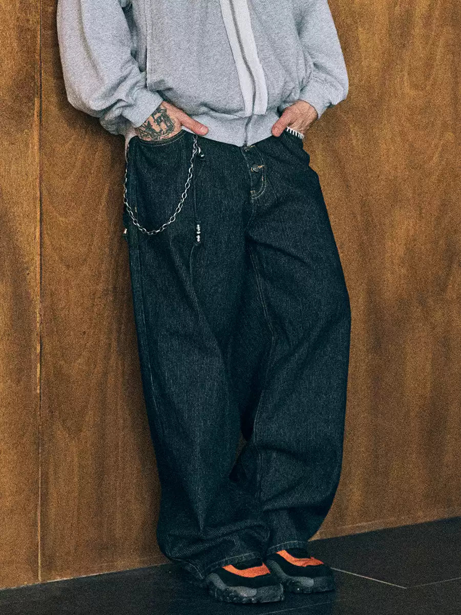 Textured Embroidery Wide Leg Jeans — Dark Blue, front model view