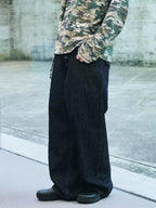 Textured Embroidery Wide Leg Jeans — Dark Blue, front model view