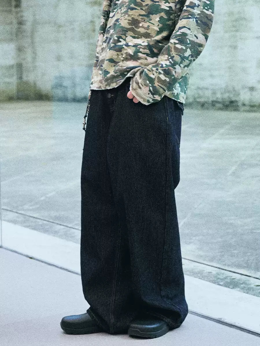 Textured Embroidery Wide Leg Jeans — Dark Blue, front model view