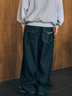 Textured Embroidery Wide Leg Jeans — Dark Blue, rear model view