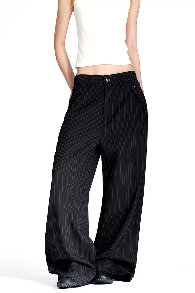 Textured Pinstripe Wide Leg Trousers - Black