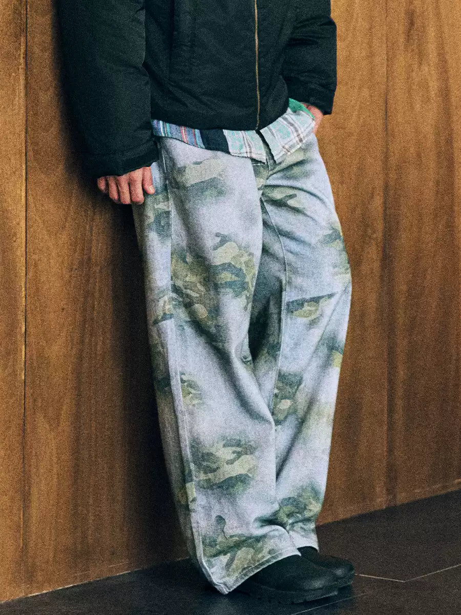 Washed Camo Wide Leg Jeans — Camouflage, front model view