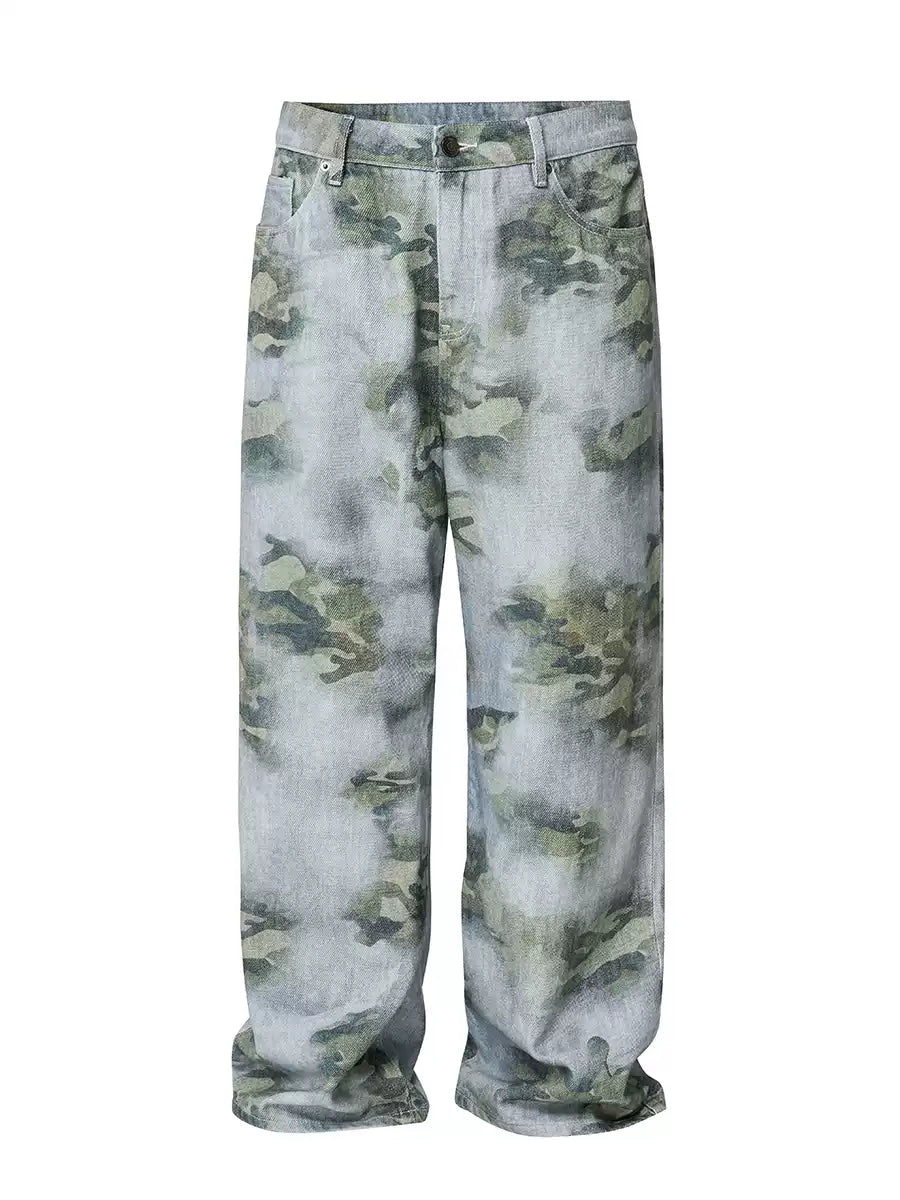 Washed Camo Wide Leg Jeans — Camouflage, product view on white background