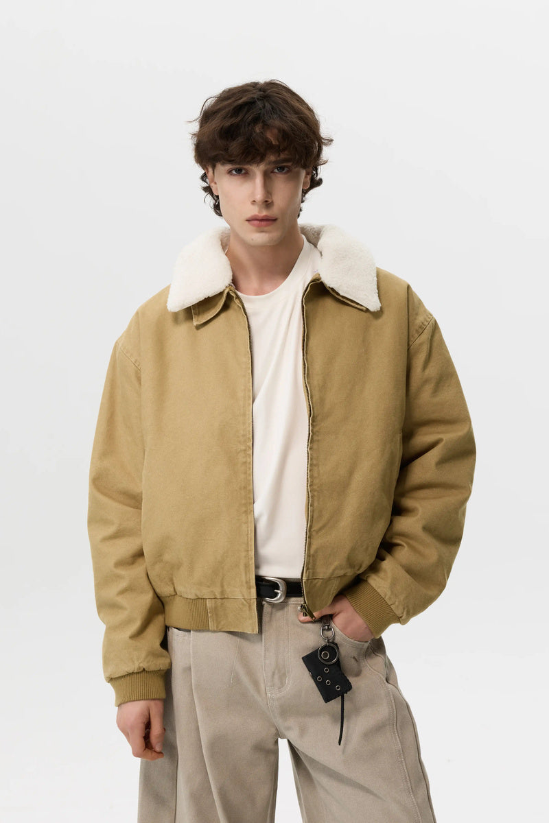 Washed Fleece Collar Bomber Jacket - Khaki