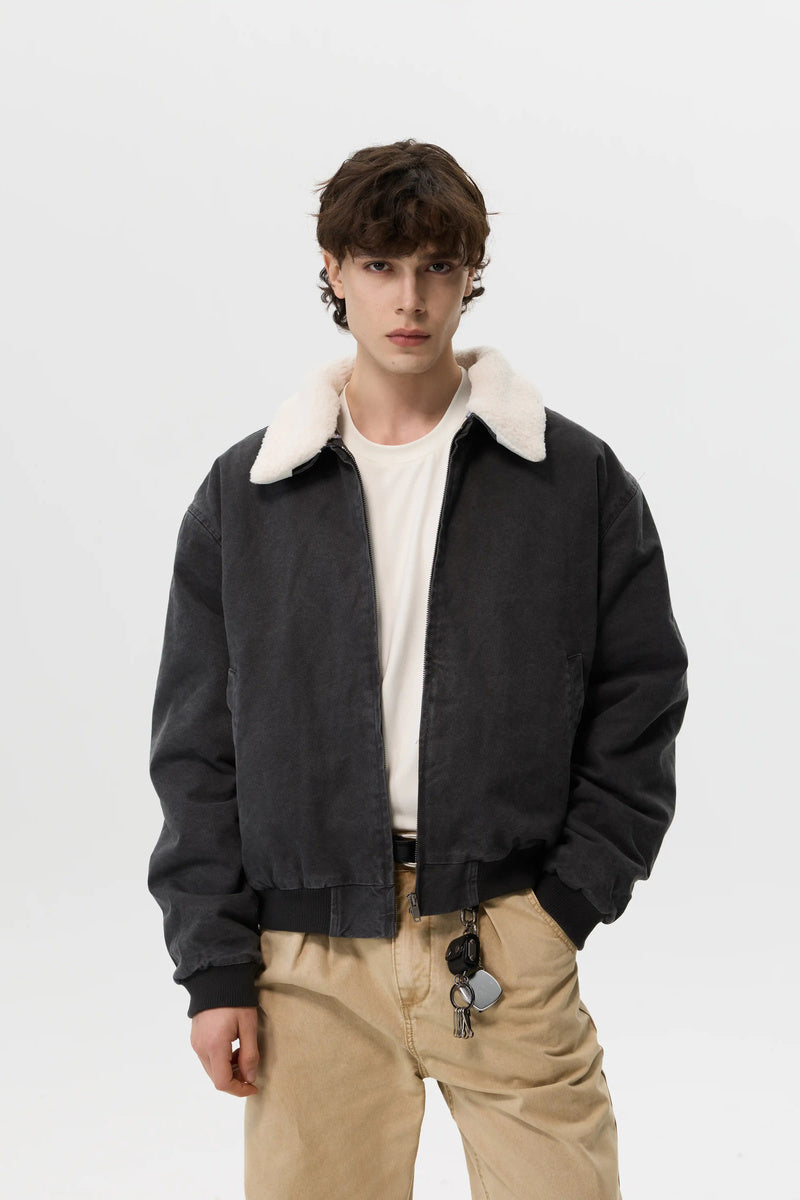 Washed Fleece Collar Bomber Jacket - Dark Gray