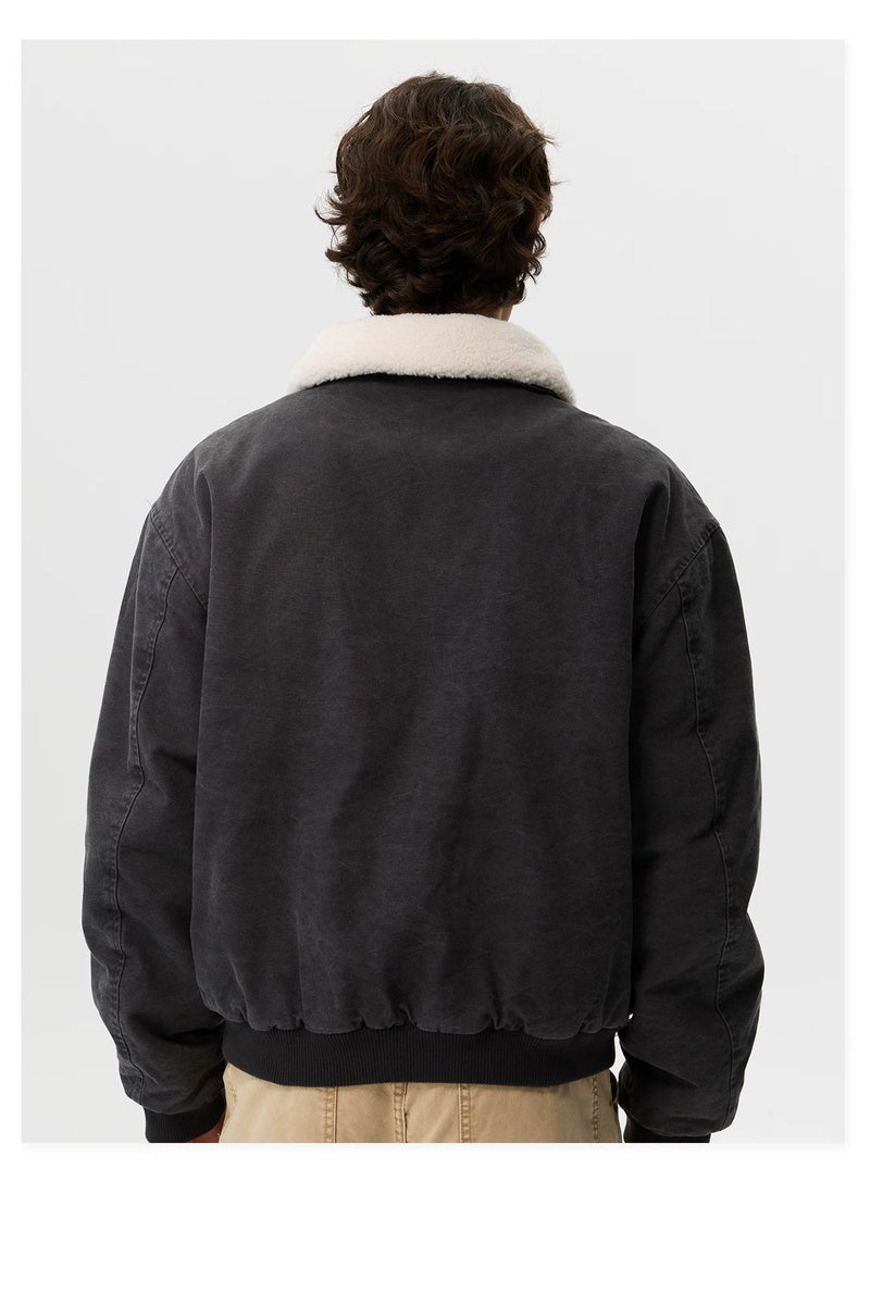 Washed Fleece Collar Bomber Jacket