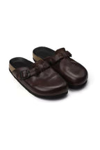 Washed Horsehide Buckle Clogs — three-quarter pair view — Brown