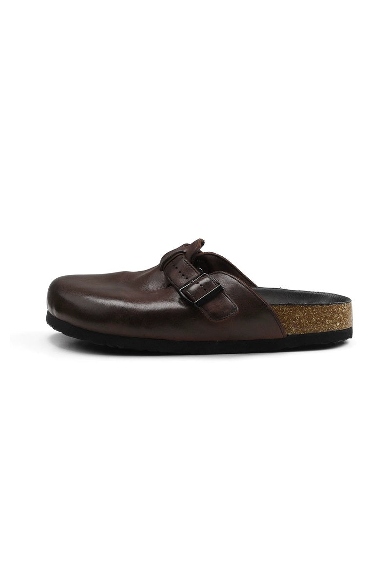 Washed Horsehide Buckle Clogs — side view — Brown